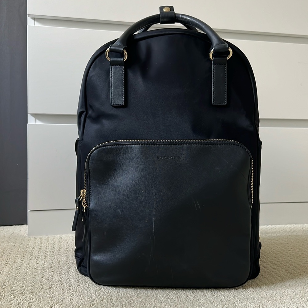 Lo & Sons Large Rowledge Backpack - Black, gold hardware, lavender interior